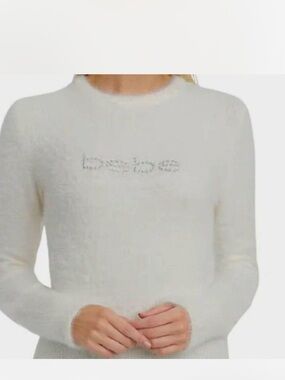 Bebe Vtg Sz M White Fuzzy Eyelash Knit Sweater Rhinestone Logo